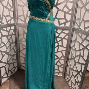 May Queen Teal One Shoulder Dress with Gold Detailing